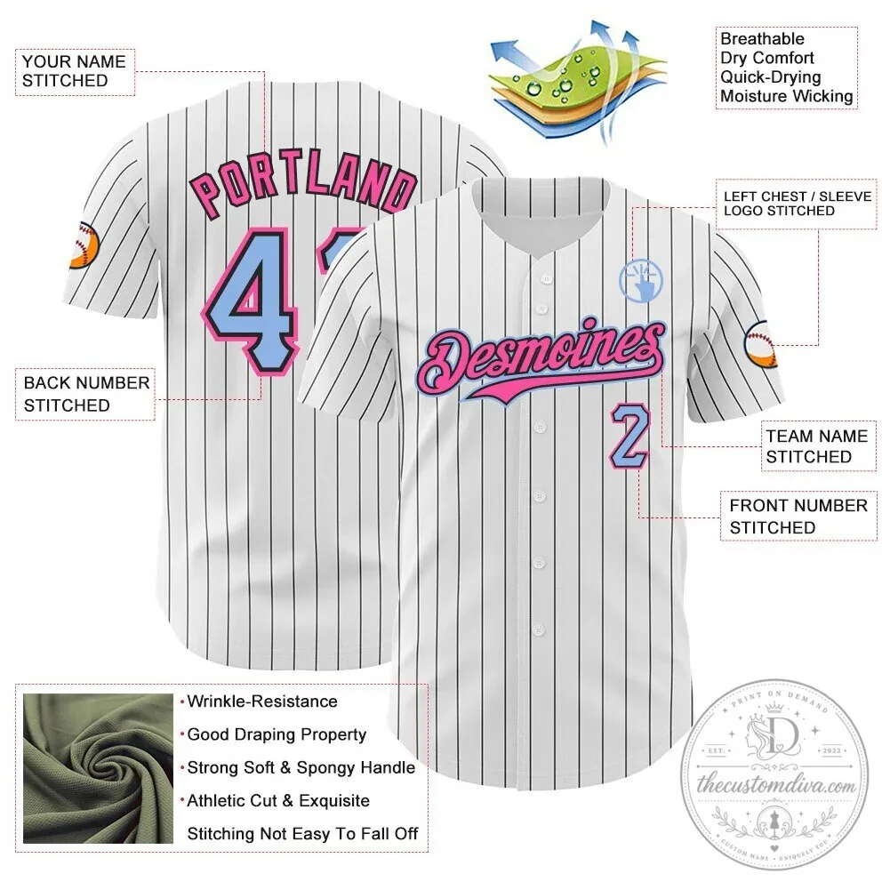 Custom White Black Pinstripe Light Blue Pink Authentic Baseball Jersey 11 Custom White Black Pinstripe Light Blue Pink Authentic Baseball Jersey