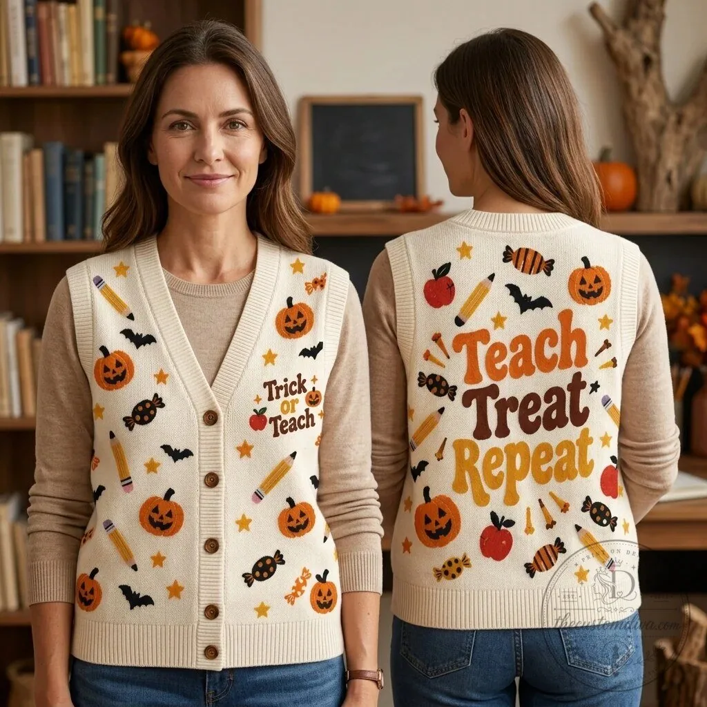 Halloween Teacher Teach Treat Repeat Knitted Cardigan Vest