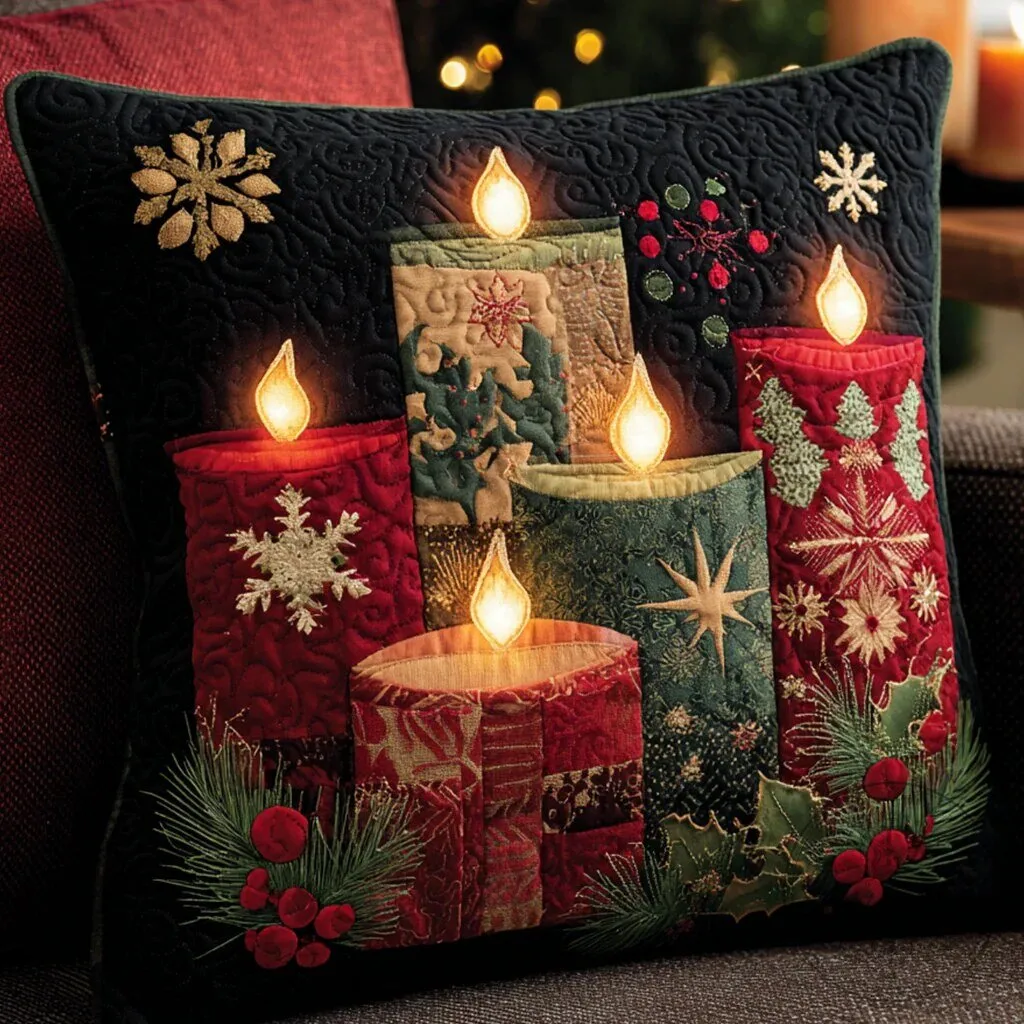 Christmas Holiday Quilted Candle Design Decorative Throw Pillow