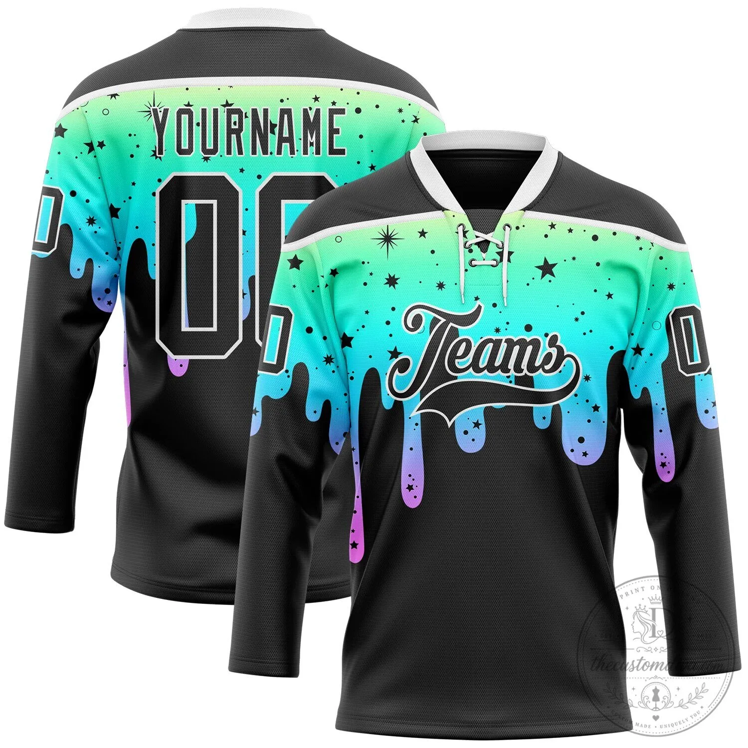 Custom Black Teal Pink Melting Rave Psychedelic Lace Neck Hockey Jersey 1 Custom Black Teal Pink Melting Rave Psychedelic Lace Neck Hockey Jersey