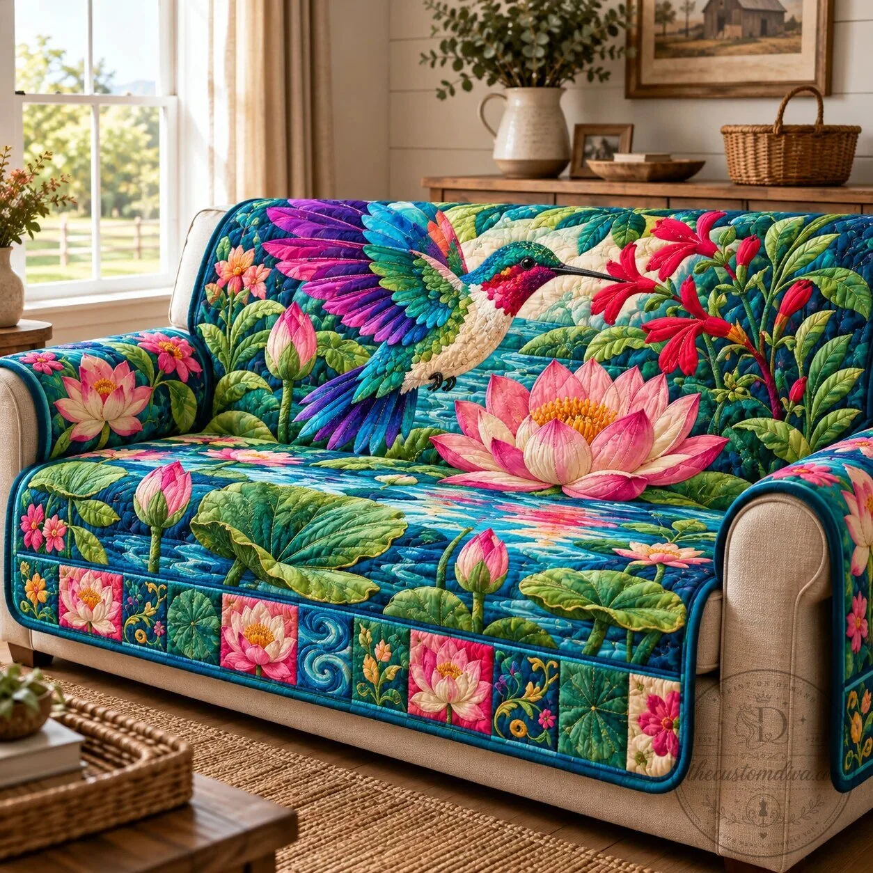 Hummingbird Blossoms Quilted Sofa Cover with Floral and Lotus Flower Design 9 Hummingbird Blossoms Quilted Sofa Cover with Floral and Lotus Flower Design