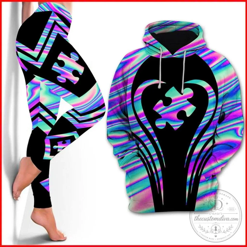 Autism Awareness Holographic Puzzle Heart Pattern Hoodie
