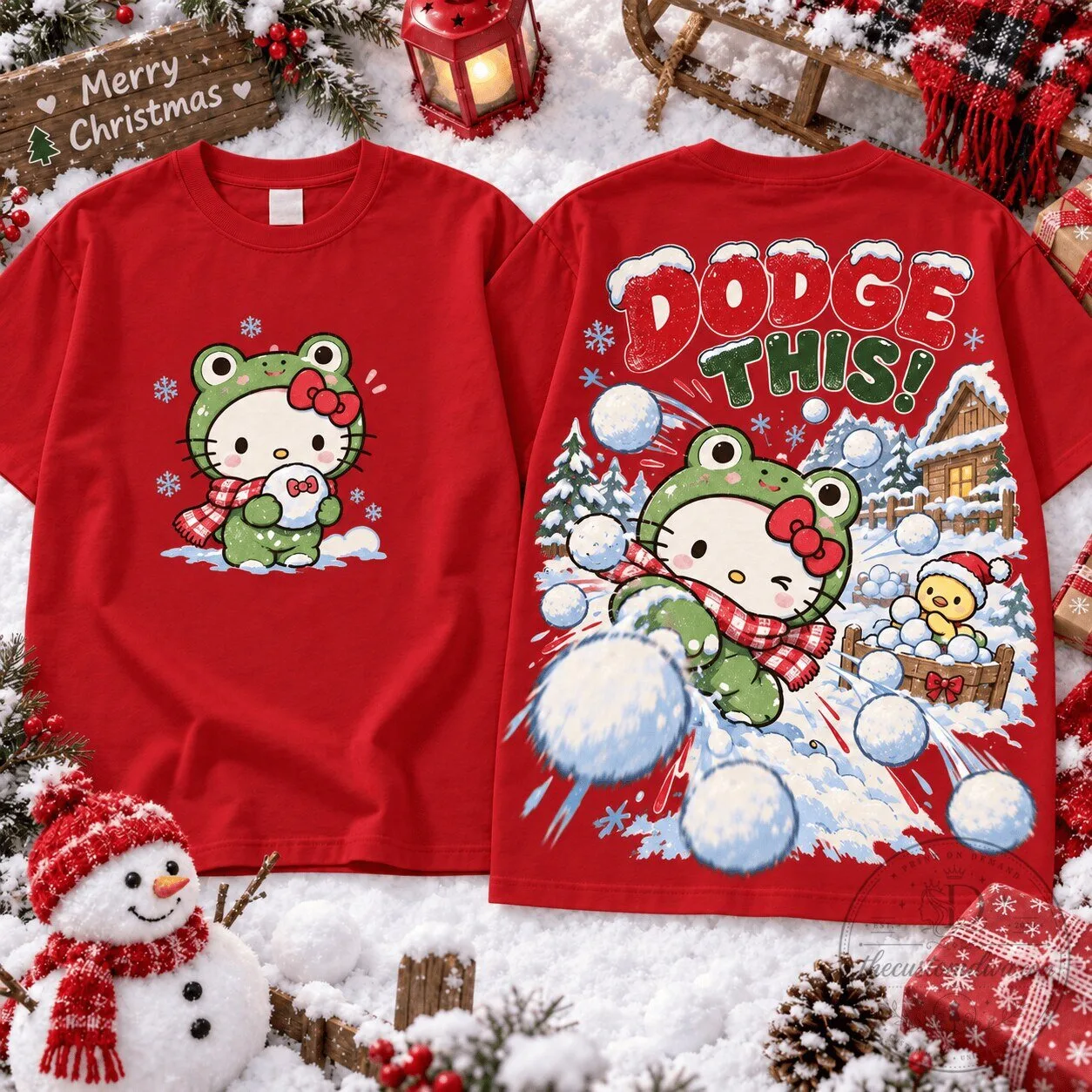 Hello Kitty Frog Christmas Snowball Fight Graphic T-Shirt