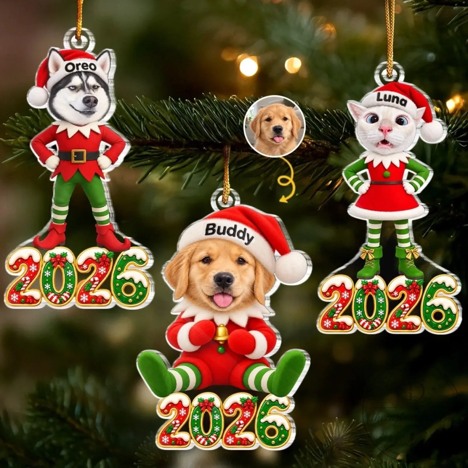 Personalized Pet Photo Christmas Elf Costume Holiday Tree Ornament 4 Personalized Pet Photo Christmas Elf Costume Holiday Tree Ornament