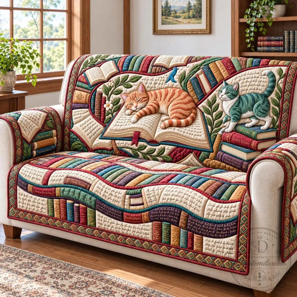 Vintage Reading Cats Bookshelf Quilted Sofa Cover for Living Room Decor