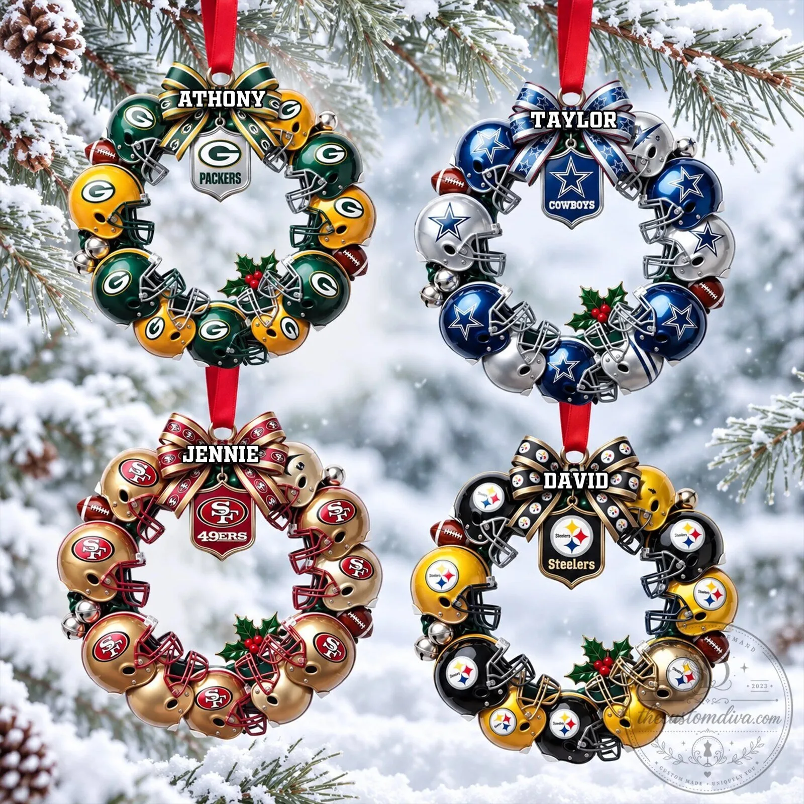 Personalized Football Team Helmet Wreath Christmas Tree Ornament