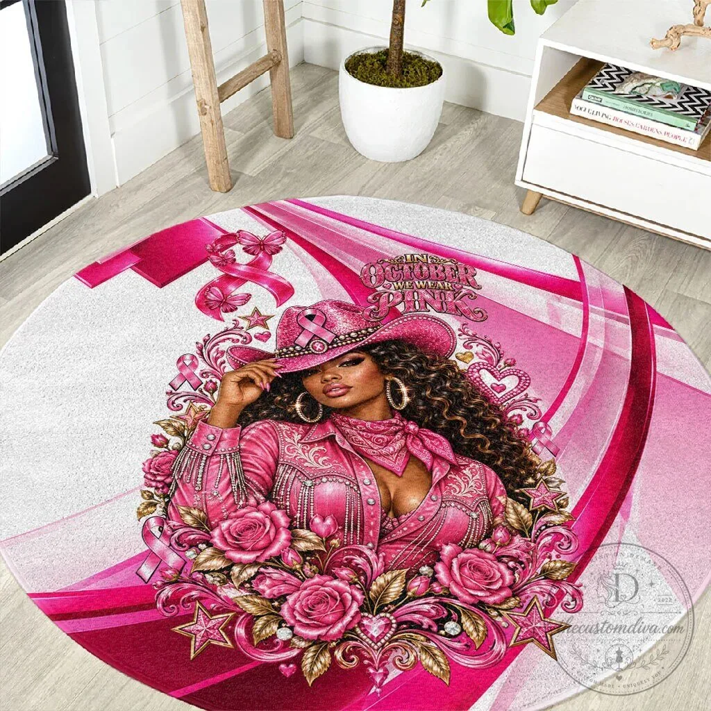 Western Wear Cowgirl Breast Cancer Awareness Pink Ribbon Round Rug 1 Western Wear Cowgirl Breast Cancer Awareness Pink Ribbon Round Rug