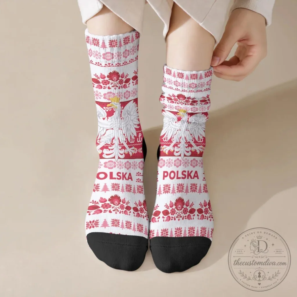 Polska Wesolych Swiat Crew Socks with Lachy Sadeckie Pattern