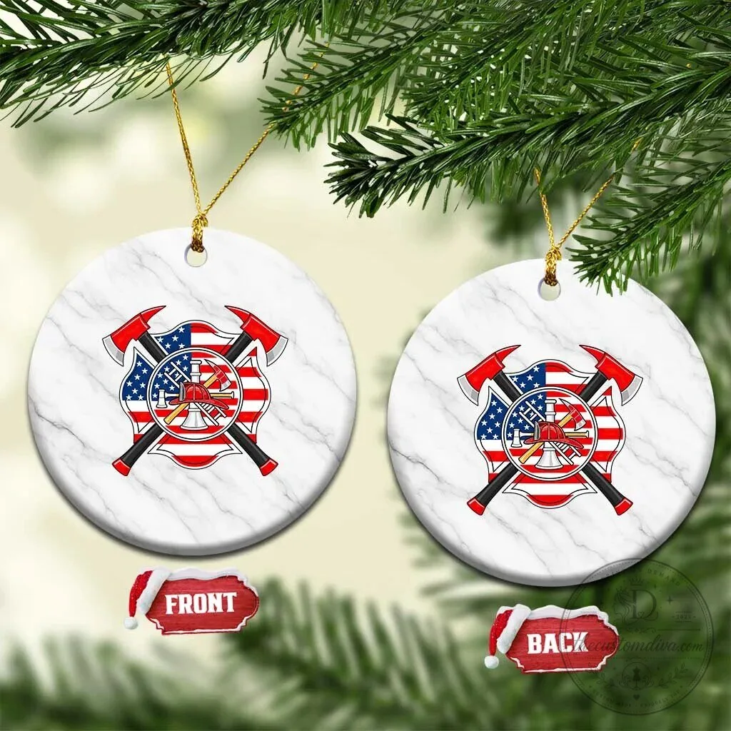 Patriotic Firefighter Maltese Cross American Flag Ceramic Christmas Ornament