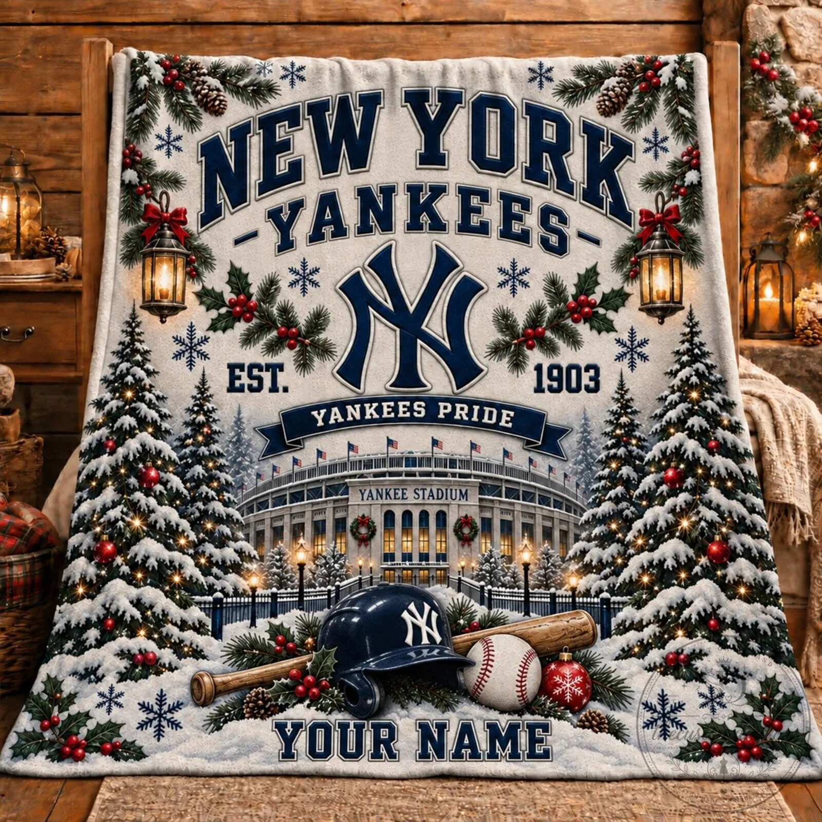 New York Yankees Christmas Winter Wonderland Stadium Personalized Blanket