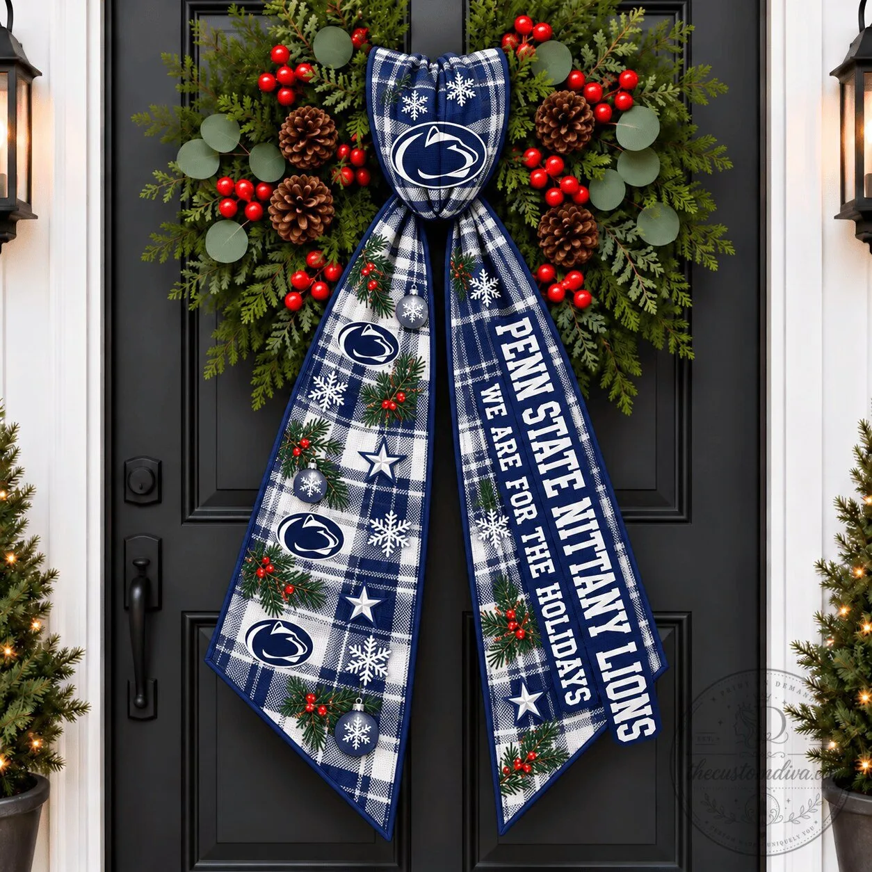 Penn State Nittany Lions Christmas Holiday Plaid Wreath Sash Bow