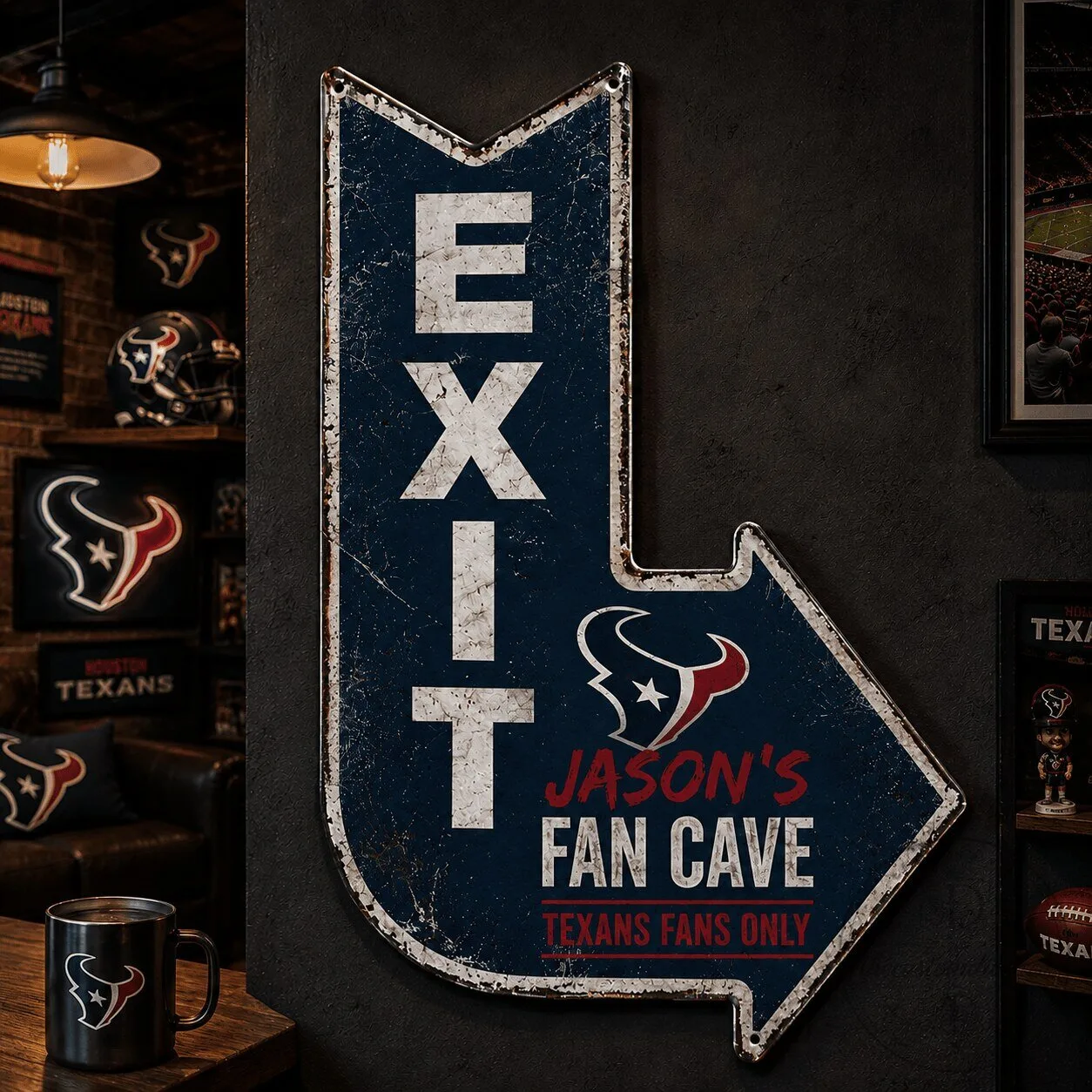 Houston Texans Personalized Fan Cave Exit Arrow Metal Sign for NFL Football Fans 6 Houston Texans Personalized Fan Cave Exit Arrow Metal Sign for NFL Football Fans