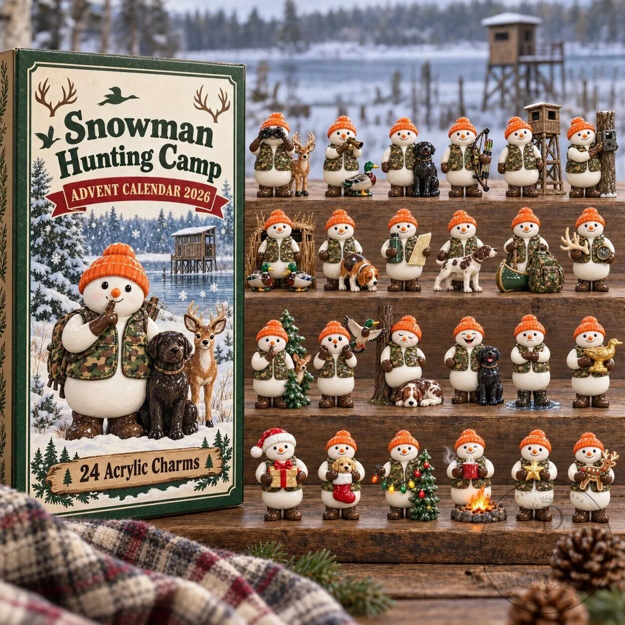 Snowman Hunting Camp Advent Calendar 2026 Festive Countdown Blind Box with Acrylic Charms 2D