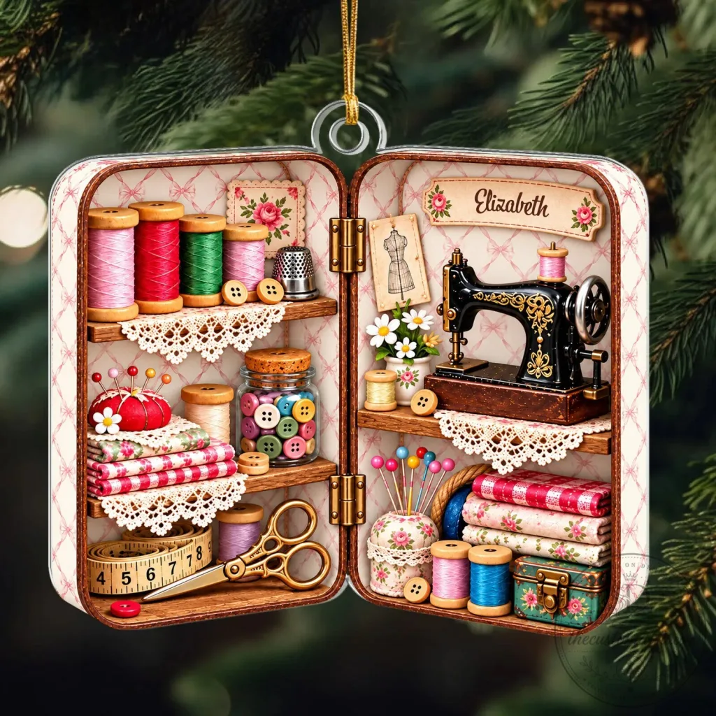 Personalized Christmas Sewing Box Mica Ornament Personalized Christmas Sewing Box Mica Ornament