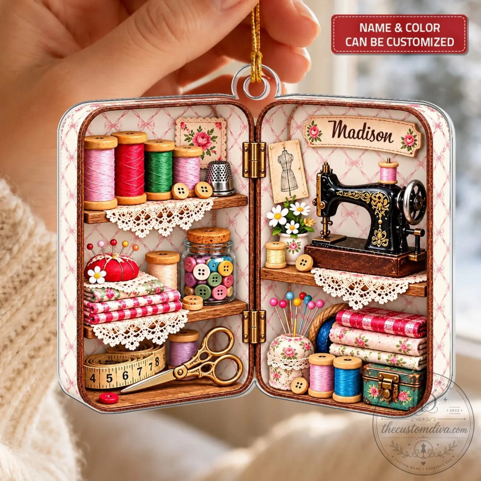 Personalized Christmas Sewing Box Mica Ornament 9 Personalized Christmas Sewing Box Mica Ornament