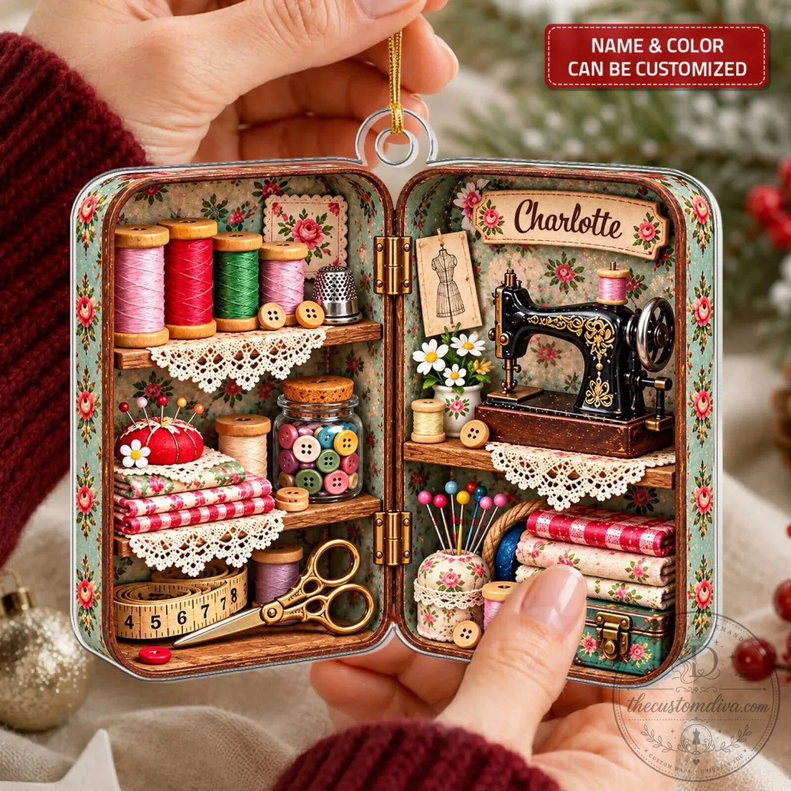 Personalized Christmas Sewing Box Mica Ornament 10 Personalized Christmas Sewing Box Mica Ornament