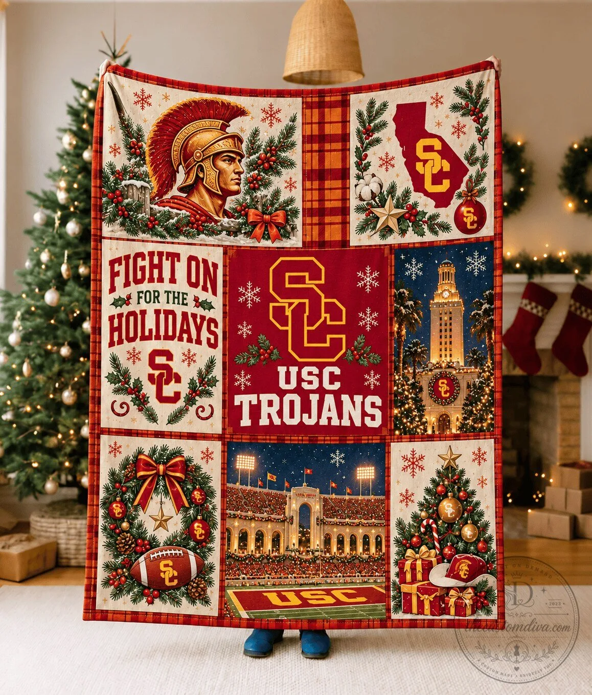 USC Trojans Christmas Holiday Quilted Blanket
