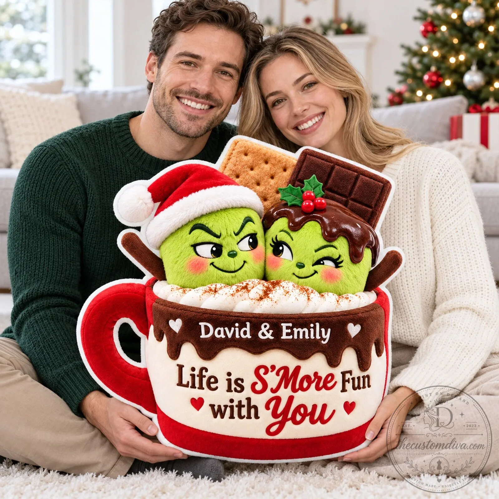 Grinch and Cindy Lou Who Marshmallow Couple S'mores Christmas Personalized Pillow