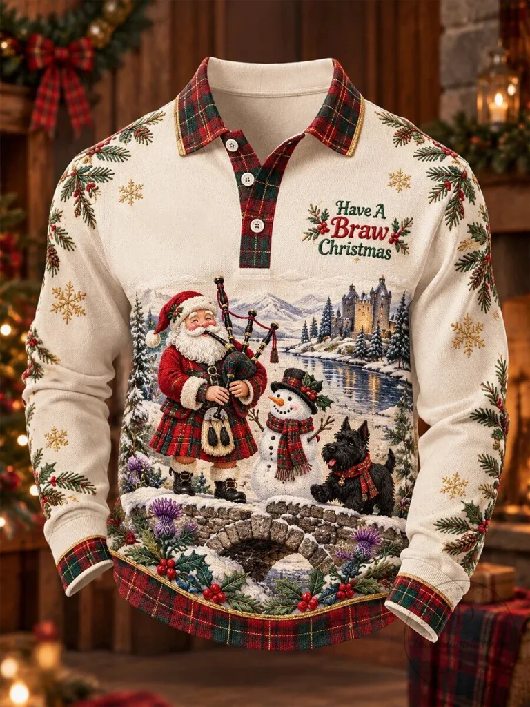 Scotland Christmas Santa Claus Bagpipes Snowman Tartan Plaid Long-Sleeve Polo Shirt