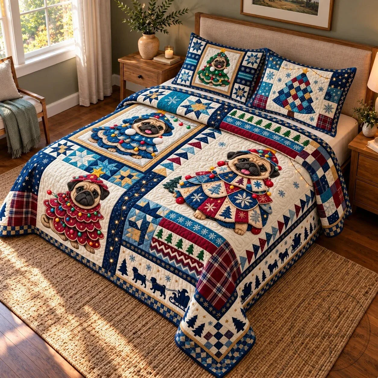 Christmas Pug Dog Festive Quilted Bedding Set with Pillow Shams 5 Christmas Pug Dog Festive Quilted Bedding Set with Pillow Shams