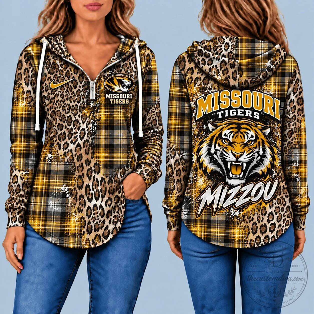 Missouri Tigers Leopard Plaid Half-Zip Hoodie for Women