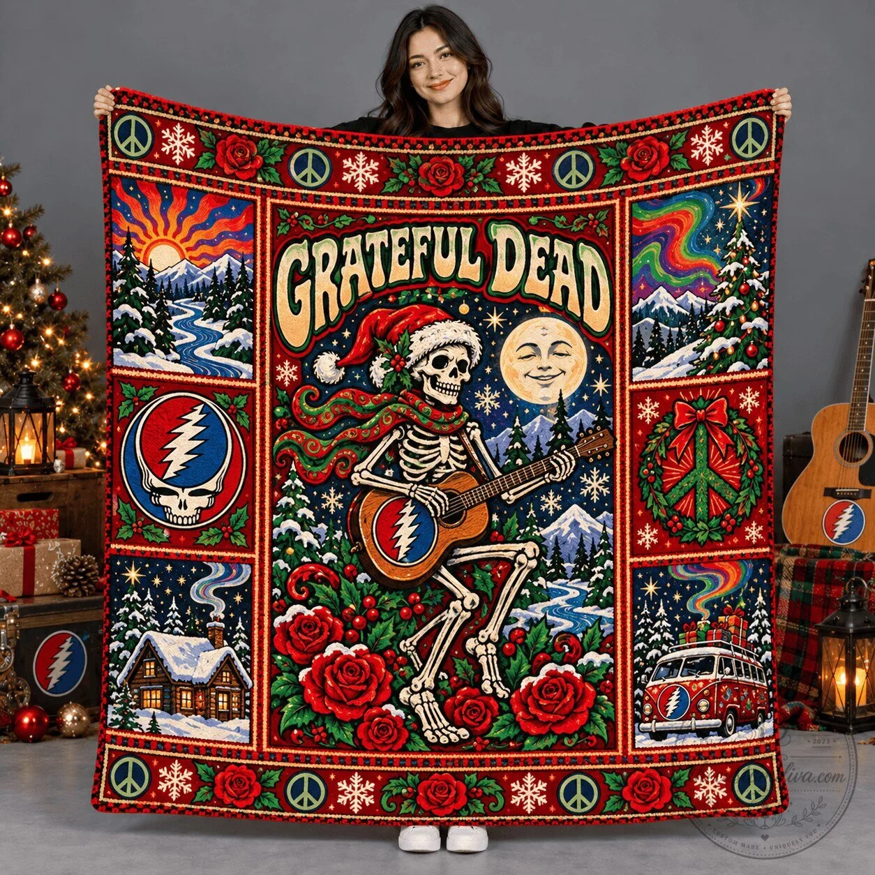 Grateful Dead Dancing Skeletons Stealie Spiral Christmas Holiday Fleece Blanket