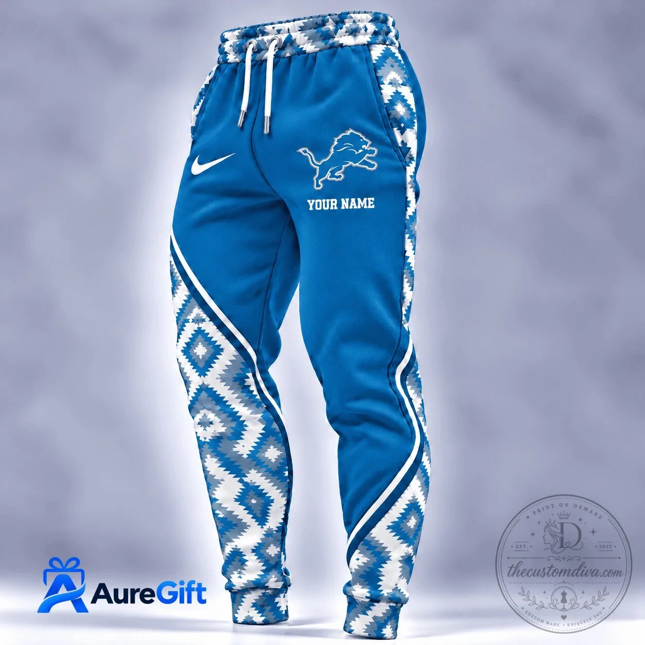 Detroit Lions NFL Personalized Native American Pattern Blue Jogger Pants