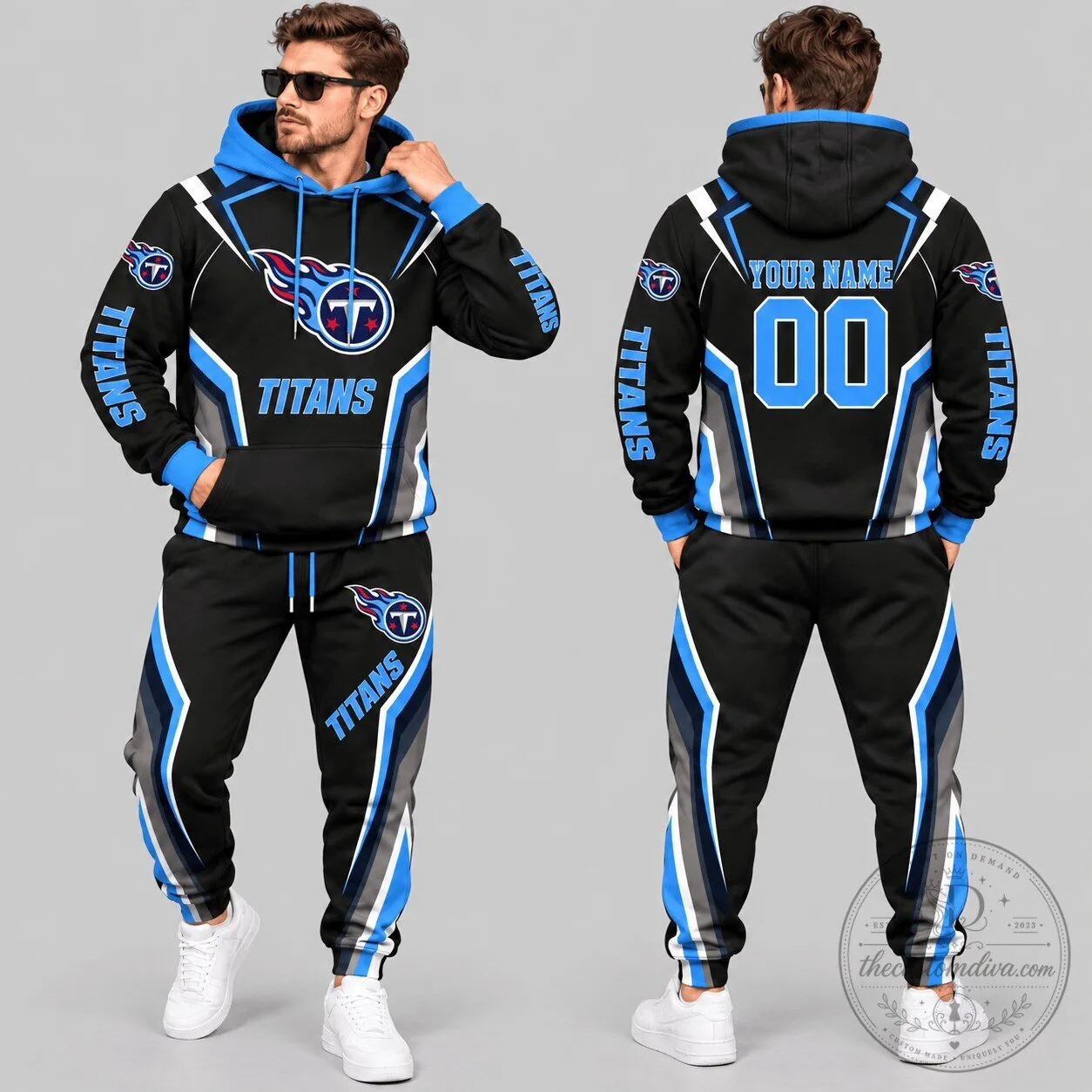 Tennessee Titans Personalized NFL Gradient Stripe Black and Blue Hoodie