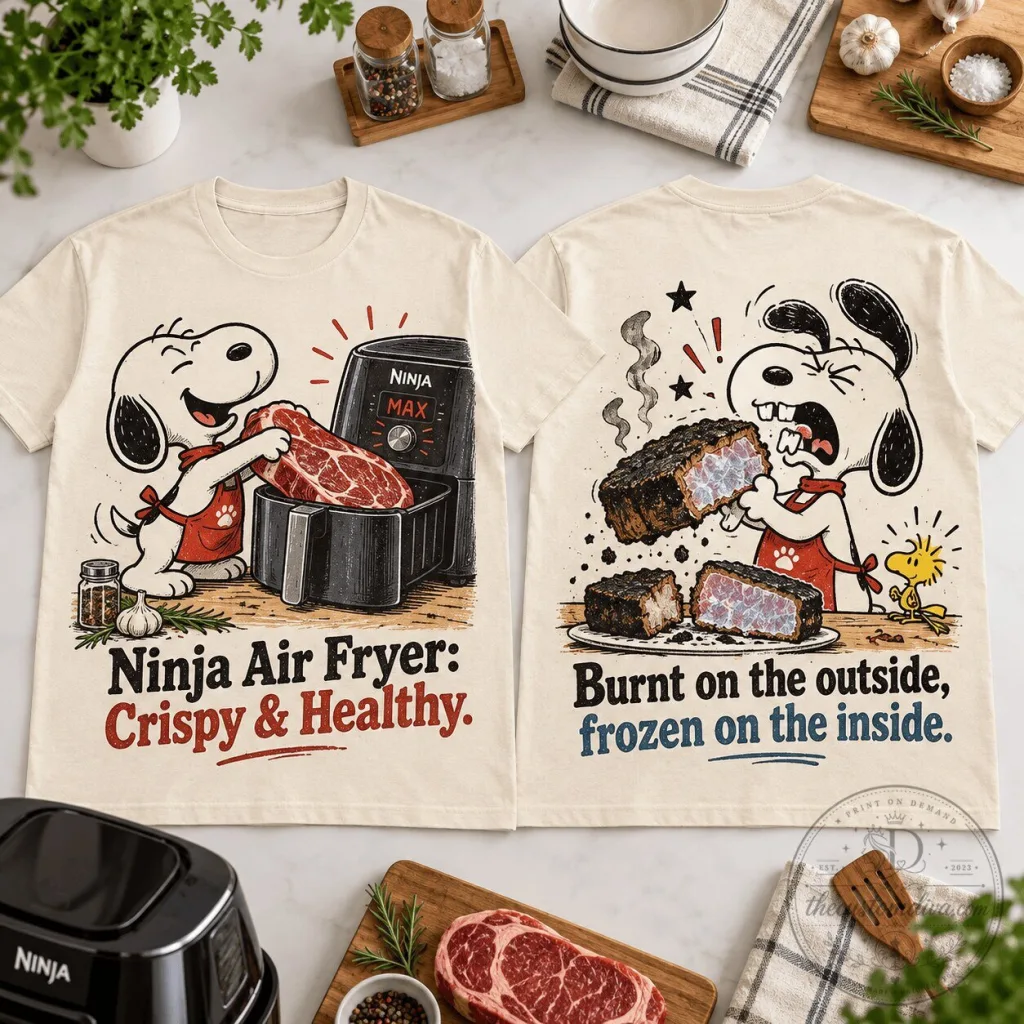 Snoopy Ninja Air Fryer Crispy Chaos Burnt and Frozen Steak Cartoon T-Shirt