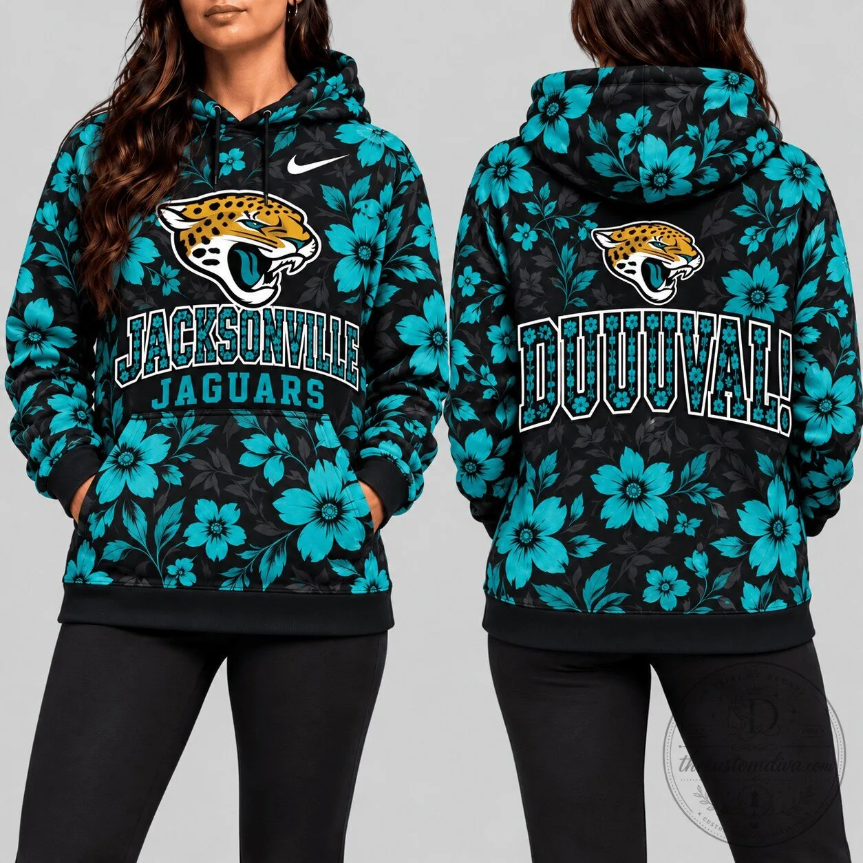 Jacksonville Jaguars Tropical Floral Black and Teal NFL Football Hoodie 2 Jacksonville Jaguars Tropical Floral Black and Teal NFL Football Hoodie