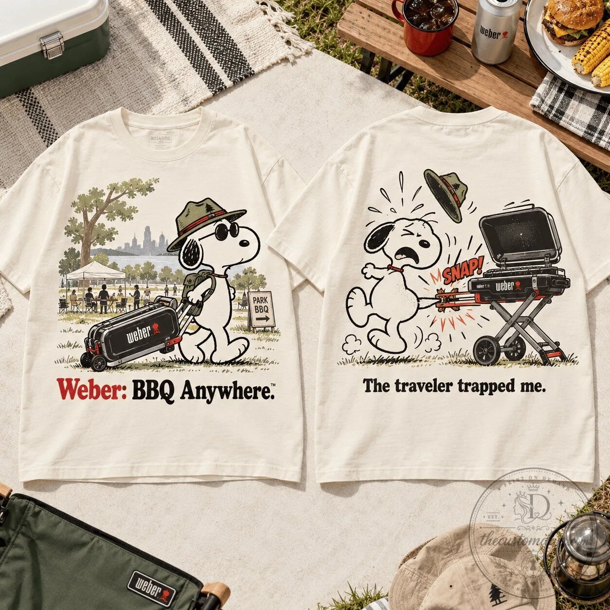 Snoopy Weber BBQ Anywhere Outdoor Adventure Cream T-Shirt 5 Snoopy Weber BBQ Anywhere Outdoor Adventure Cream T-Shirt