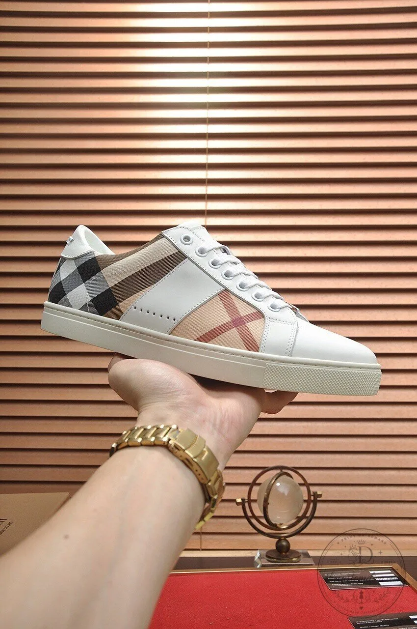 Burberry Check Pattern White Leather Lace-Up Casual Sneakers for Men 9 Burberry Check Pattern White Leather Lace-Up Casual Sneakers for Men