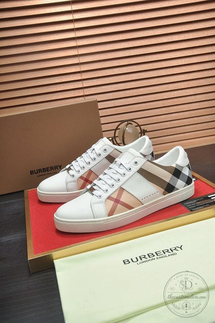 Burberry Check Pattern White Leather Lace-Up Casual Sneakers for Men 10 Burberry Check Pattern White Leather Lace-Up Casual Sneakers for Men