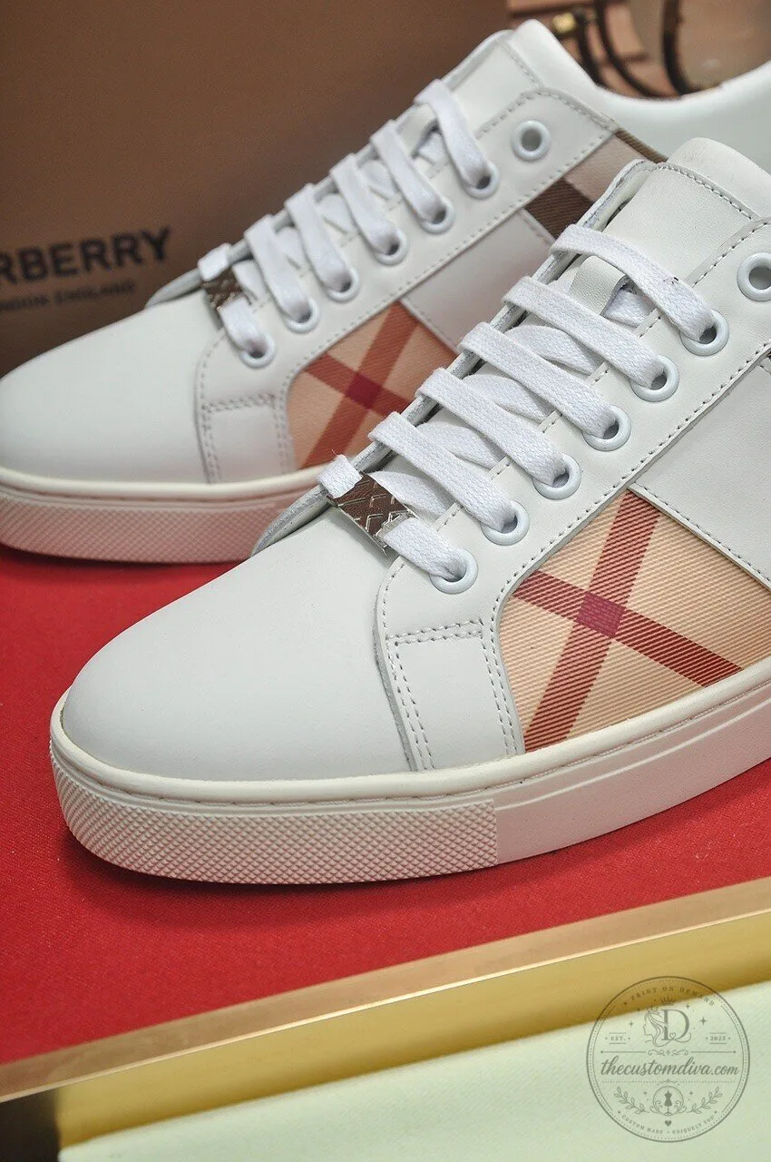 Burberry Check Pattern White Leather Lace-Up Casual Sneakers for Men 12 Burberry Check Pattern White Leather Lace-Up Casual Sneakers for Men