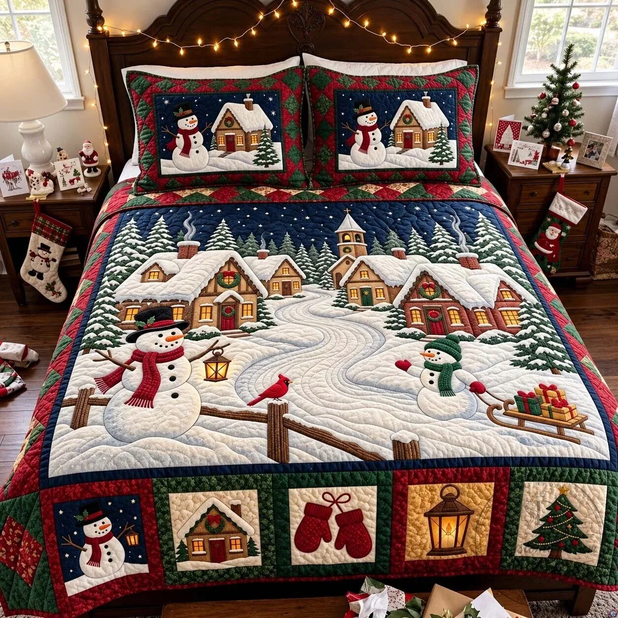 Christmas Village Snowmen Winter Scene Quilted Bedding Set