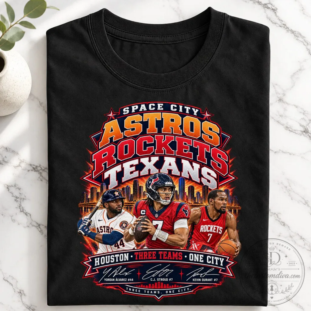 Houston Astros Rockets Texans Space City Three Teams One City Black T-Shirt Houston Astros Rockets Texans Space City Three Teams One City Black T-Shirt