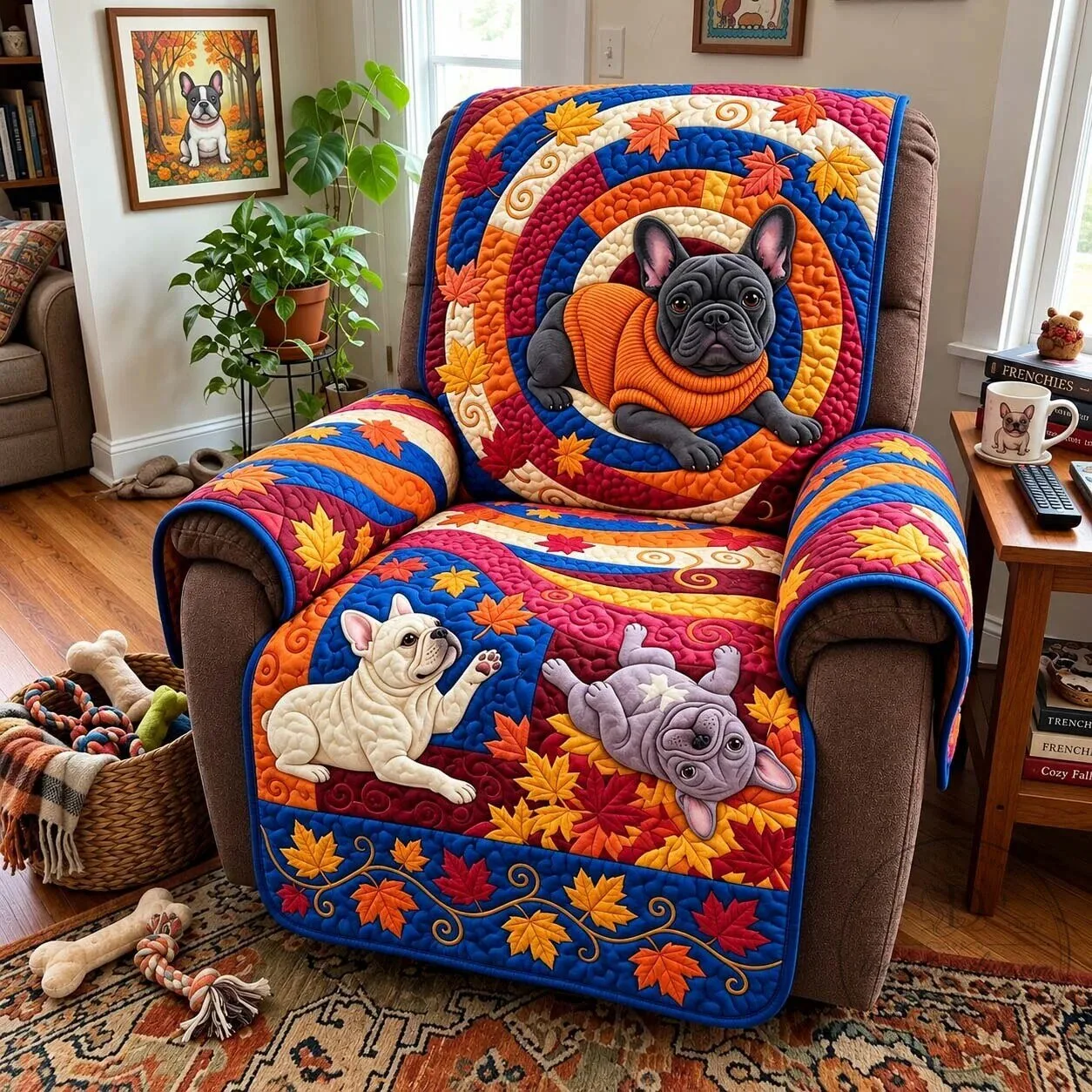 Autumn French Bulldog Swirls Quilted Sofa Cover for Pet Owners
