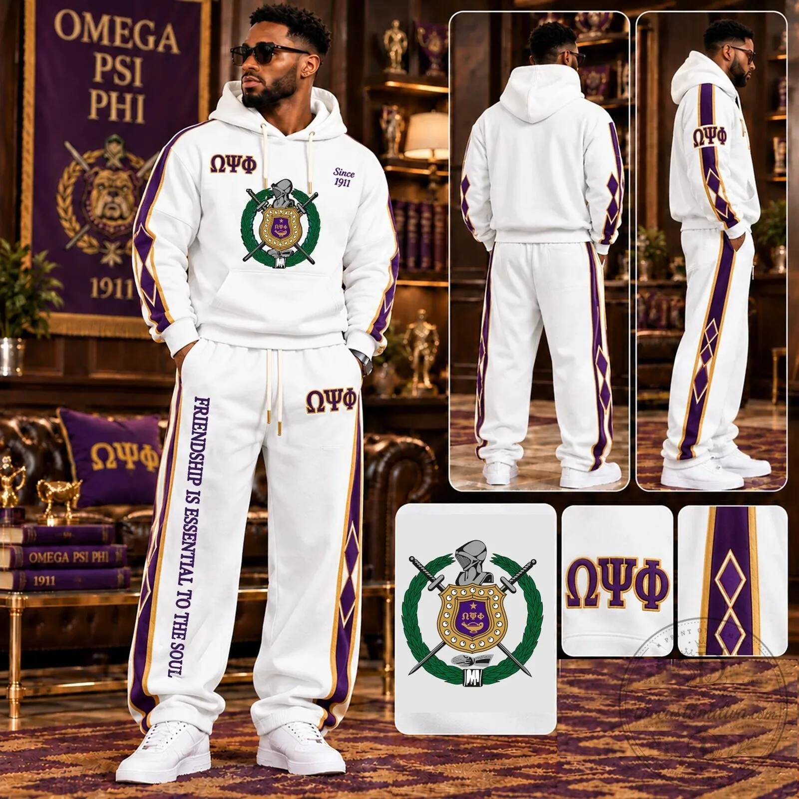 Omega Psi Phi Fraternity White Gold Purple Hoodie and Sweatpants Set