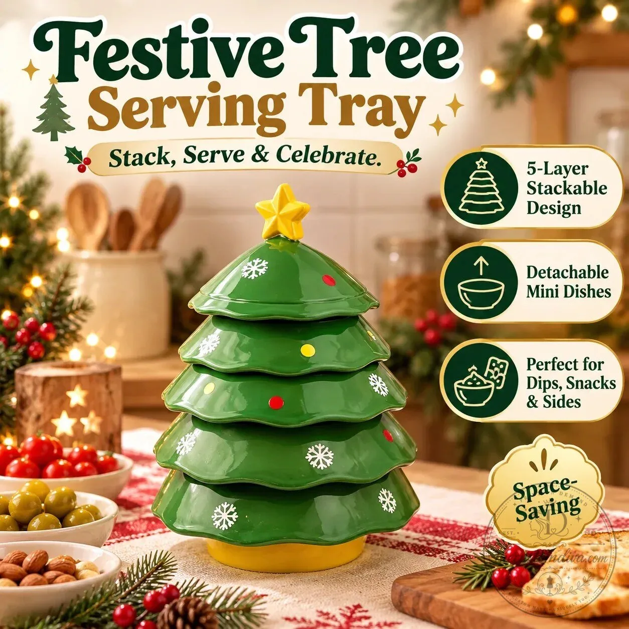 Christmas Tree Stackable Serving Tray with Detachable Mini Dishes for Snacks and Dips
