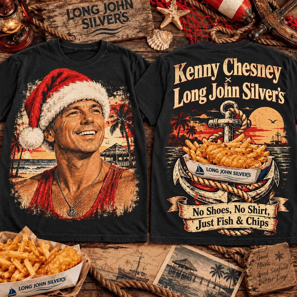 Kenny Chesney Christmas Beach Long John Silver's Fish and Chips T-Shirt