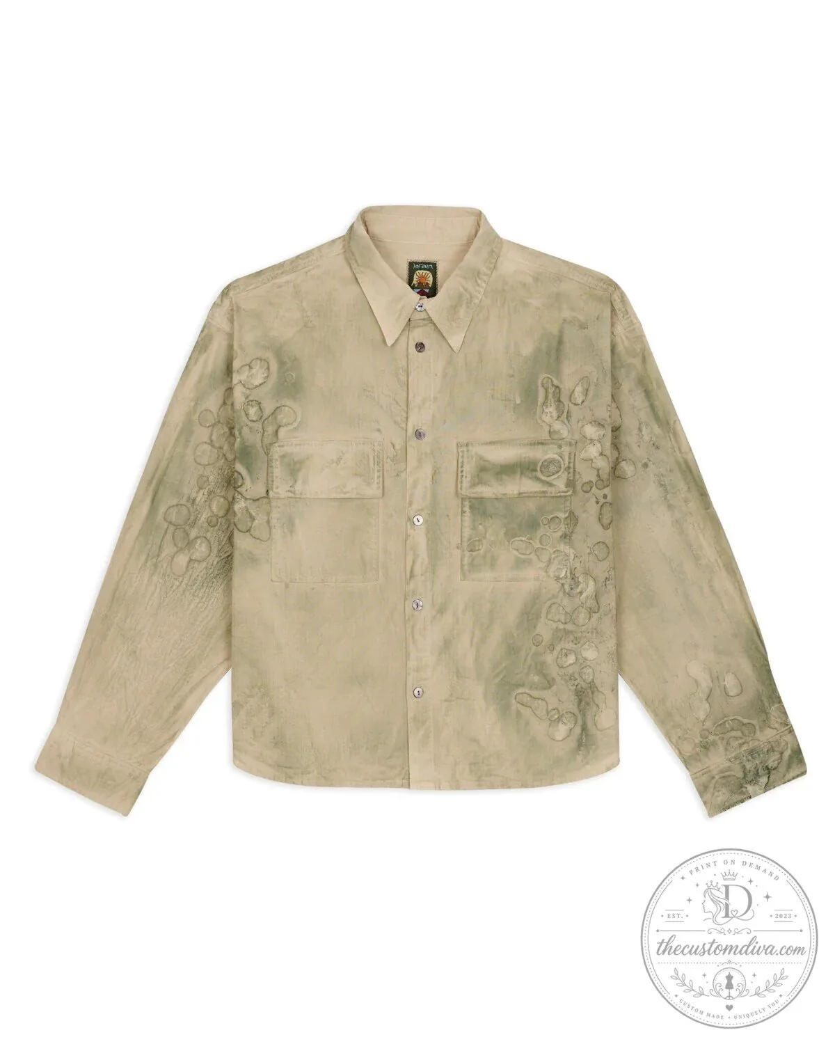Algae Green Cotton Ripstop Cropped Long Sleeve Button-Up Shirt Jacket